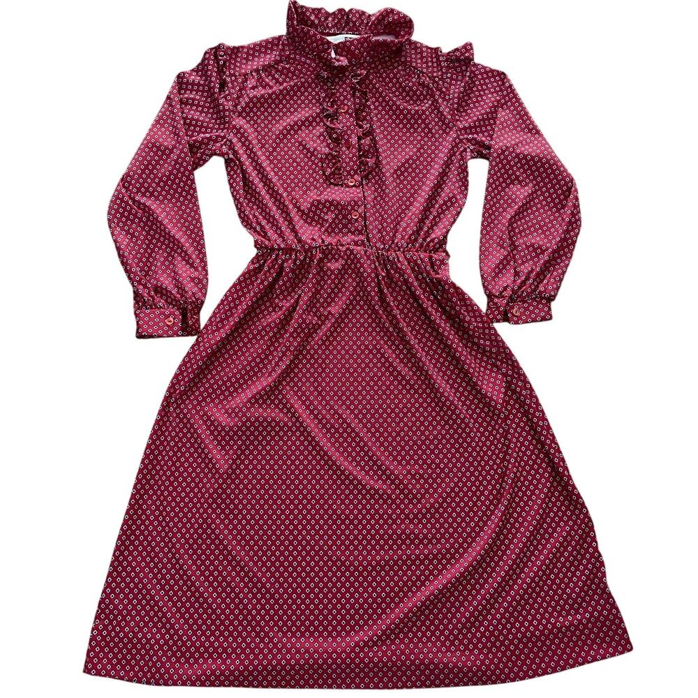 Vtg 70s Sears Polyester Red Patterned Ruffle Dres… - image 1